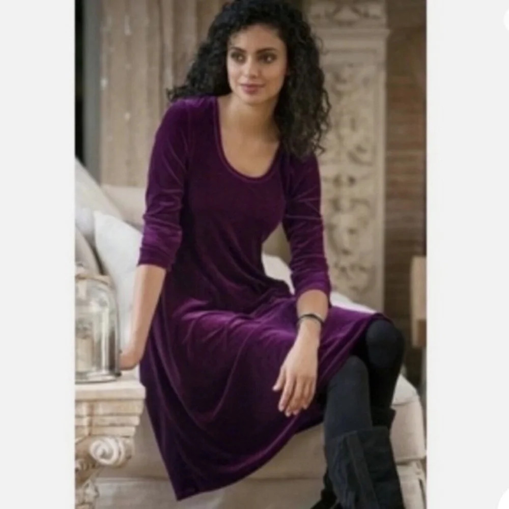 Soft Surroundings Velvet Swing Long‎ Sleeve Dress Purple Velour Size Medium P
